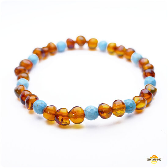Bracelet made of cognac-colored polished amber and turquoise beads